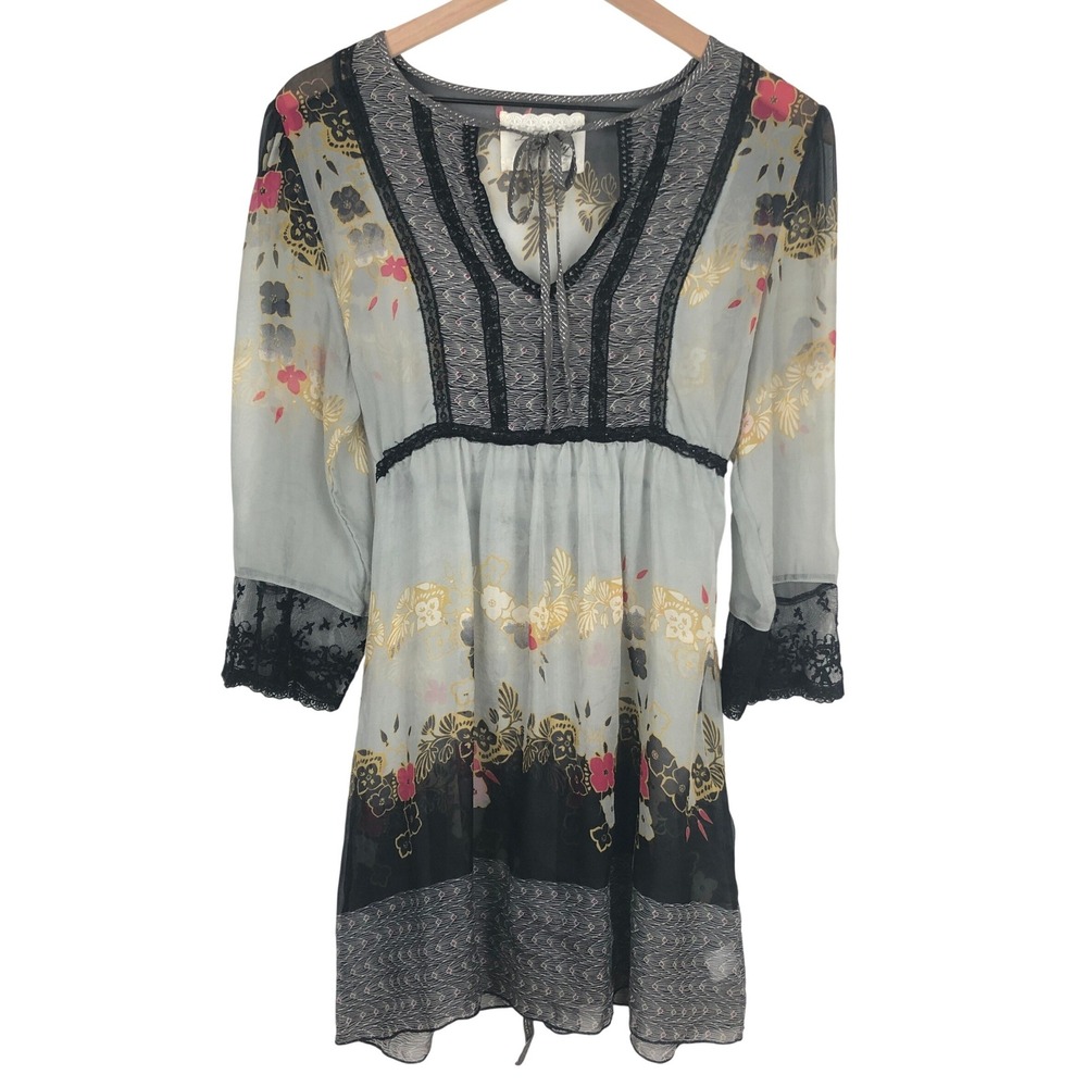 For Love & Liberty Johnny Was Sheer 100% Silk Top Sz M Floral Gray Black Fairy